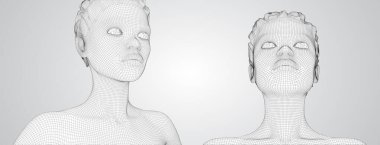 Saç stili olan güzel bir kızın üç boyutlu vektör portresi, beyaz bir arka planda açılar kümesi.