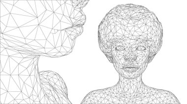 Saç stili olan güzel bir kızın üç boyutlu vektör portresi, beyaz bir arka planda açılar kümesi.