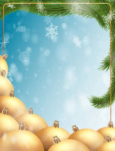 新年贺卡上有金黄的圣诞树玩具球和云杉树枝 雪花下的雪 矢量设计 — 图库矢量图片