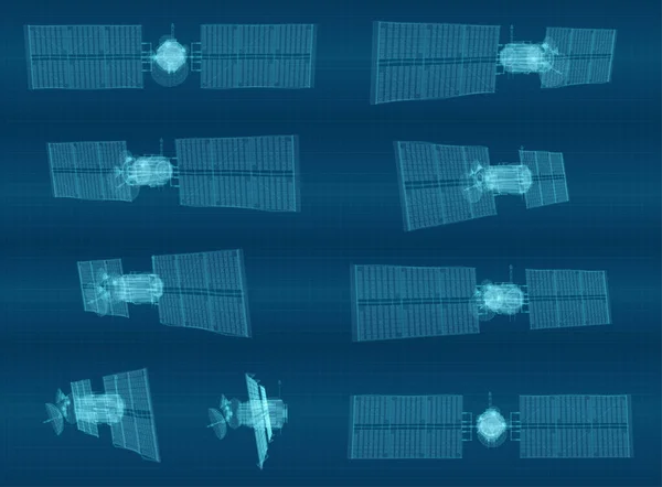 Vektorsatz Kommunikationssatelliten Der Erdnahen Umlaufbahn Raumfahrttechnologie Der Zukunft — Stockvektor