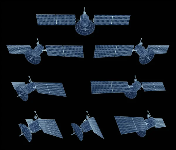 Set Vettoriale Satellite Comunicazione Orbita Terrestre Vicina Tecnologia Spaziale Del — Vettoriale Stock