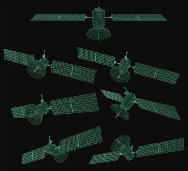 Set Vettoriale Satellite Comunicazione Orbita Terrestre Vicina Tecnologia Spaziale Del — Vettoriale Stock