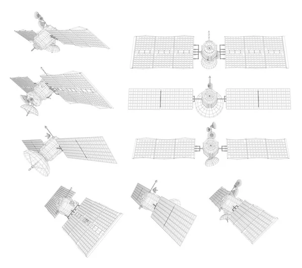 Vektorsatz Kommunikationssatelliten Der Erdnahen Umlaufbahn Raumfahrttechnologie Der Zukunft — Stockvektor