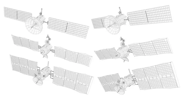 Vektorsatz Kommunikationssatelliten Der Erdnahen Umlaufbahn Raumfahrttechnologie Der Zukunft — Stockvektor