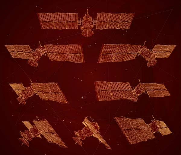 Set Vettoriale Satellite Comunicazione Orbita Terrestre Vicina Tecnologia Spaziale Del — Vettoriale Stock