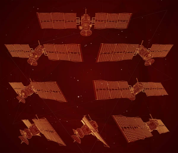 Set Vettoriale Satellite Comunicazione Orbita Terrestre Vicina Tecnologia Spaziale Del — Vettoriale Stock