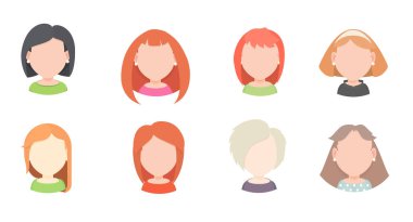 Sosyal ağlarda avatar için farklı saç stilleri olan kadınların vektör portreleri.