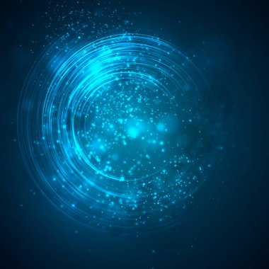 Parlak mavi bir enerji akışı karanlık bir arkaplanda dönüyor. vektör soyut kavramı