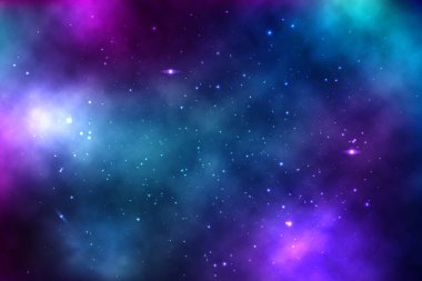 Yıldızlarla, galaksilerle, nebulalarla dolu sonsuz bir uzayın vektör arkaplanı. Beyaz noktalı parlak yağ lekeleri ve lekeler