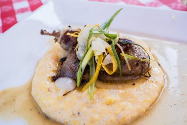 Tavuk ya da bıldırcın polenta, bir yatak üzerinde gurme mutfağı servis yeşillik ile süslenmiş beyaz tabakta. Klasik kırmızı ve beyaz kareli masa örtüsü üzerinde oturuyor. Taze organik lezzetli yemek.