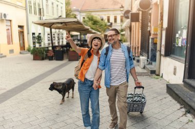 Smiling couple walking outdoors holding hands and luggage