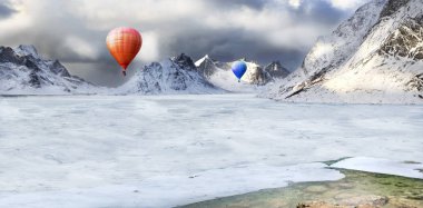 Sıcak hava balonu ile buzlu bir çorak bir fantezi resim