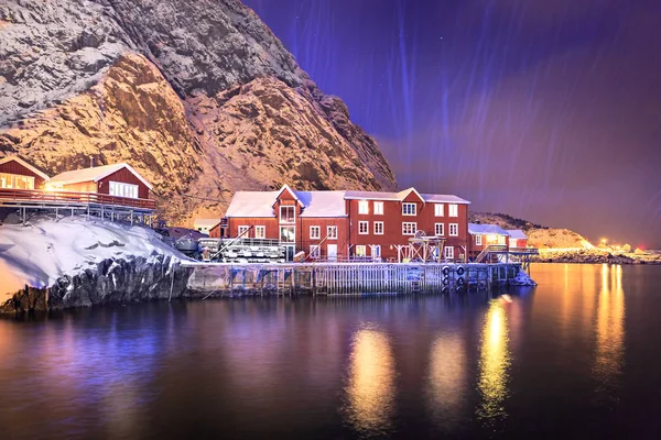 Fisherman Village Nevű Lofoten Lofoten Szigetek Éjjel Norvégia — Stock Fotó