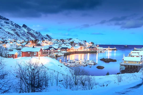 Pueblo Pescadores Sorvagen Las Islas Lofoten Por Noche Noruega — Foto de Stock