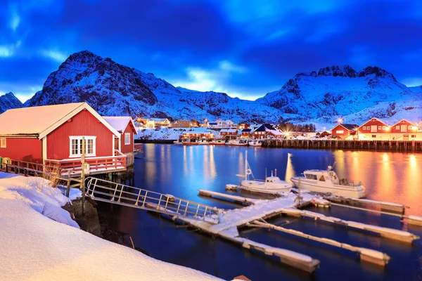 Het Vissersdorp Sorvagen Lofoten Eilanden Van Bij Nacht Noorwegen — Stockfoto