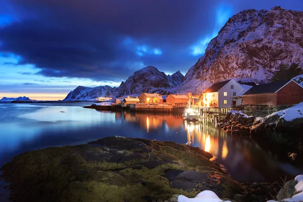 Het Vissersdorp Sorvagen Lofoten Eilanden Van Bij Nacht Noorwegen — Stockfoto