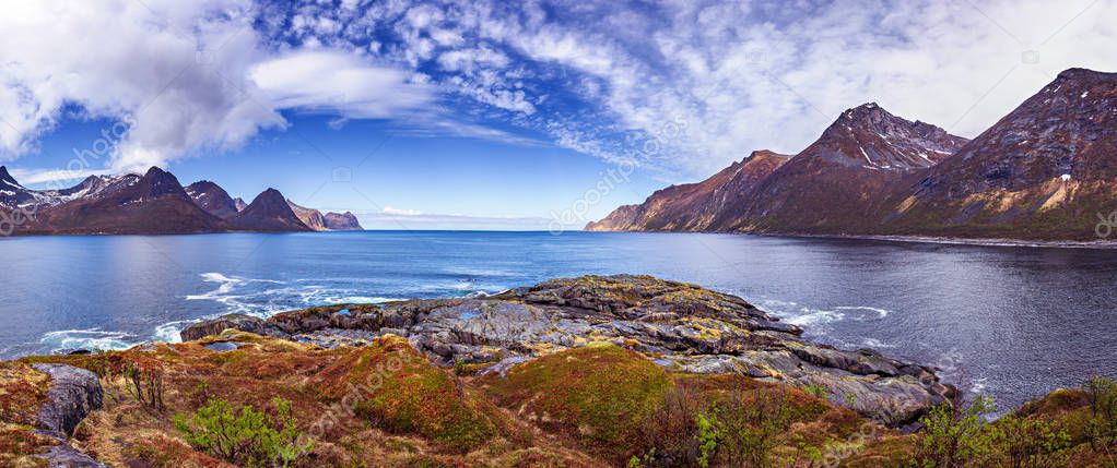 The landscape view of Senja Island from Husoy village in Norway