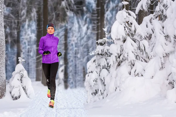 Een Jonge Vrouw Joggen Het Winterse Forest — Stockfoto