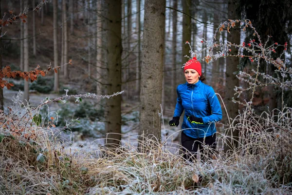 Ung Kvinna Joggar Den Vintriga Skogen — Stockfoto