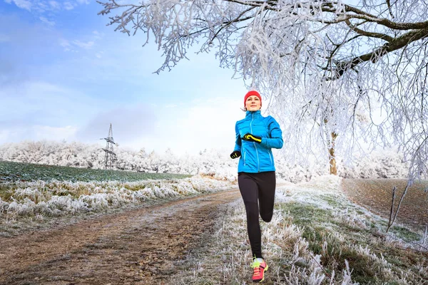 Ung Kvinna Joggar Den Vintriga Skogen — Stockfoto