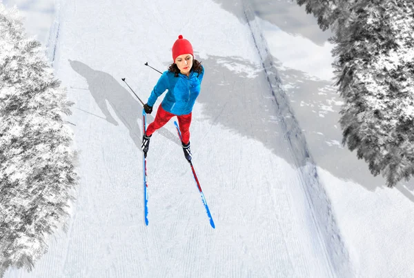 Woman Cross Country Skiing Wintry Forest — Stock Photo, Image