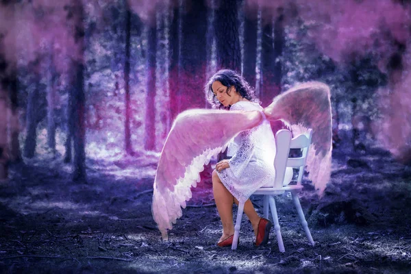 Outdoor Portrait Young Woman Angel Wings Book Cover Style — Stock Photo, Image
