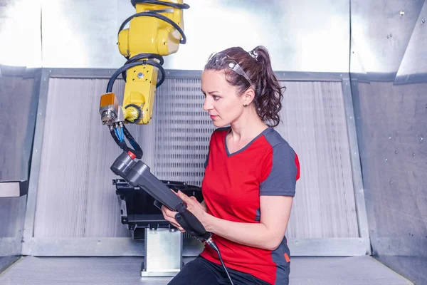 Young Female Technician While Machine Constructing Manufacturing Plant — Stock Photo, Image
