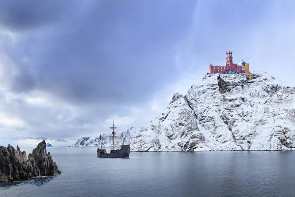 Bir kale ve yelkenli gemi ile Kuzey kara bir fantezi manzara