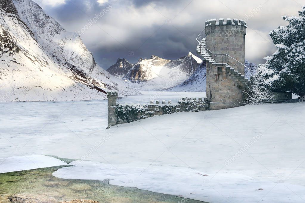 A fantasy picture of an Icy Wasteland with an old Tower
