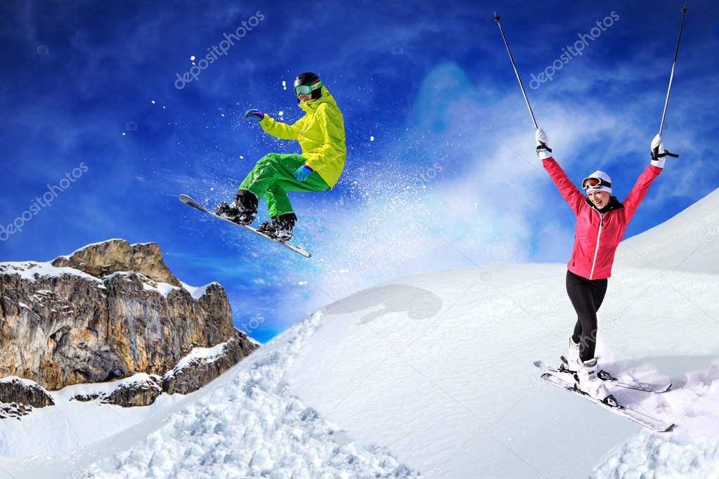 A snowboarder on the piste in Alps in Austria