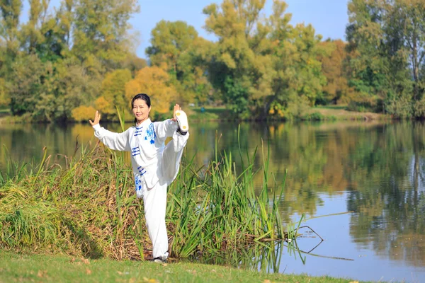 湖で太一や気功運動を行う若い女性 — ストック写真