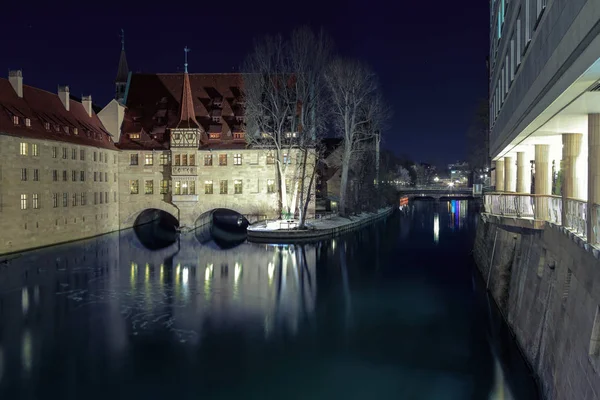 Břehu Řeky Pegnitz Městě Norimberku Noci Německo — Stock fotografie