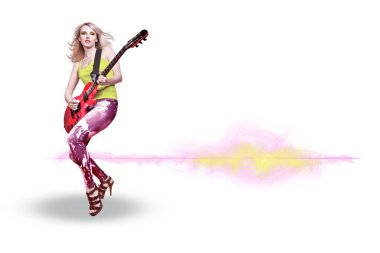Sahne Alanı'ndaki bir gitar ile genç kadının portresi