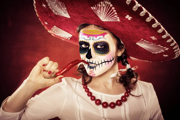 Retrato Uma Menina Mexicana Com Máscara Muerte Sombrero — Fotografia de Stock