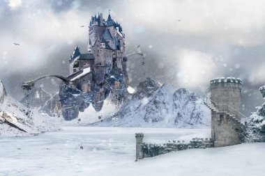 Eski bir kule ile buzlu Wasteland mistik dağlık manzara içinde uçan bir kale