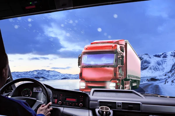 Driver View Cockpit Truck Wintry Road Symbolic Picture Cargo Transportation — Stock Photo, Image