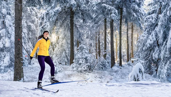 Jonge Vrouw Langlaufen Het Winterse Bos — Stockfoto