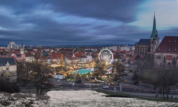 Jarmark Bożonarodzeniowy Przez Katedry Erfurcie Nocy Erfurt Niemcy — Zdjęcie stockowe