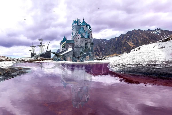 Фантастический Пейзаж Северной Земли Замком Парусным Судном — стоковое фото