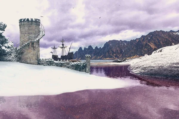 Фантастический Пейзаж Северной Земли Замком Парусным Судном — стоковое фото