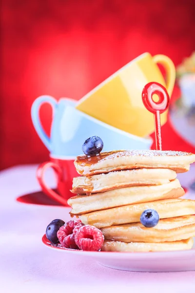 Plate Pancakes Raspberries — Stock Photo, Image