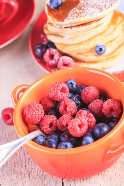 Plate Pancakes Raspberries — Stock Photo, Image