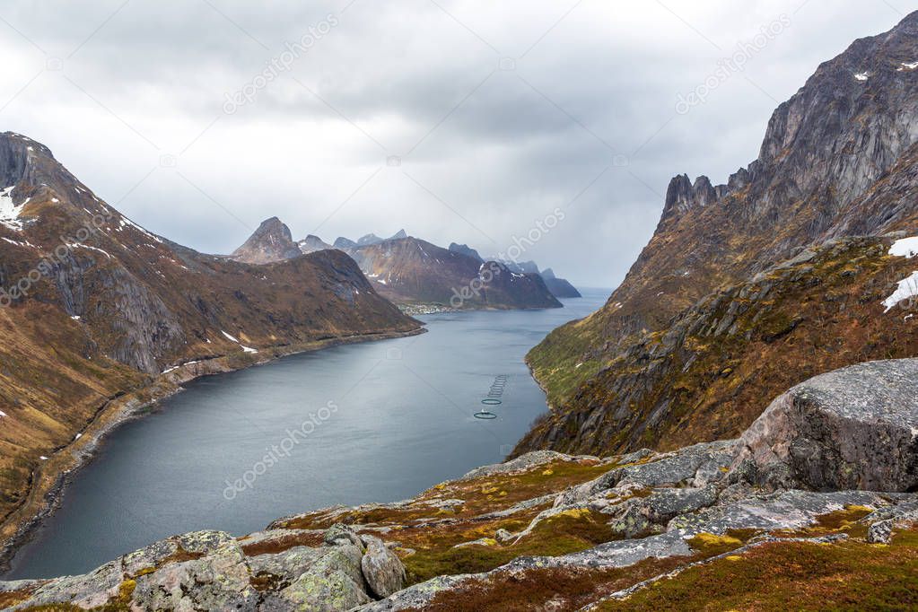 The landscape view of Senja Island from mountain Keipen in Norway