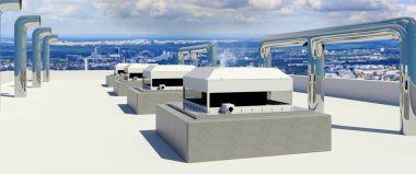 Yüksek binaların çatısında havalandırma ve havalandırma sistemleri var.