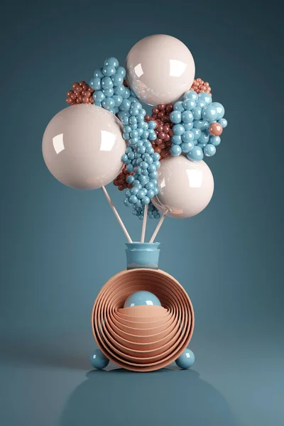 3D illustration with simple still life of a plastic flower in a futuristic vase