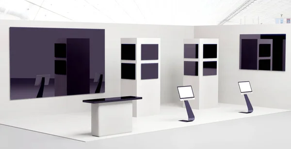 An exhibition booth with screens and reception desk, 3D illustration