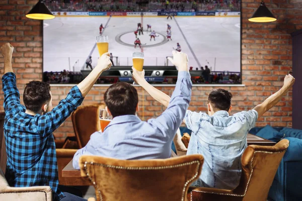 Group of young men cheering on their favorite team watching the game on TV at the local pub having beer.