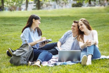 Kampüs çim üzerinde fikir paylaşımı öğrenci grubu.