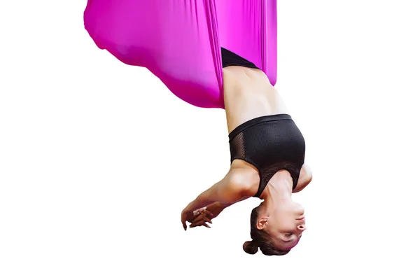 Young Woman Performing Antigravity Yoga Exercise — Stock Photo, Image