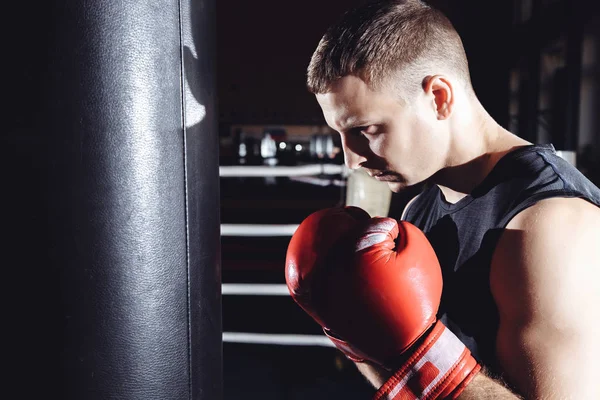 Young athletic man in Boxing gloves Boxing in the ring.